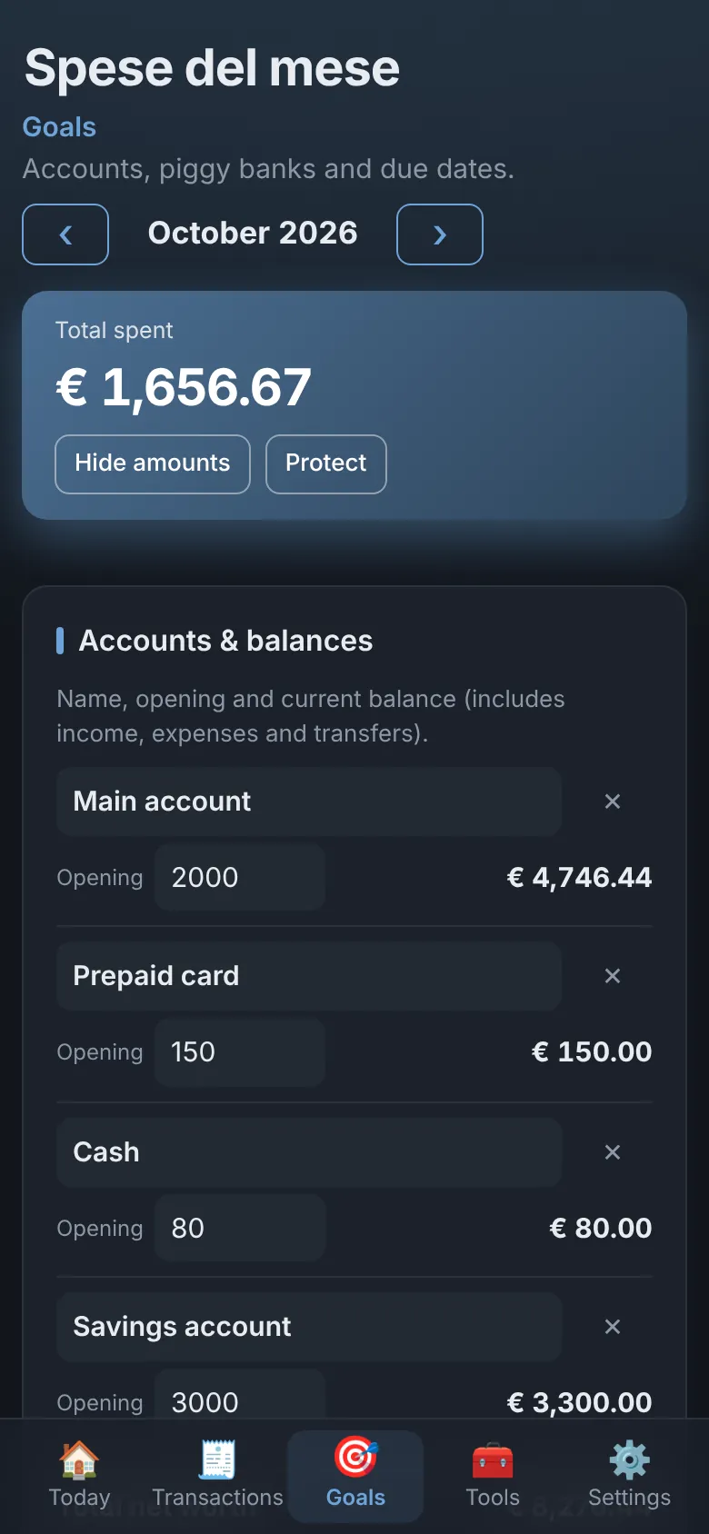 Accounts and piggy banks in the dark theme