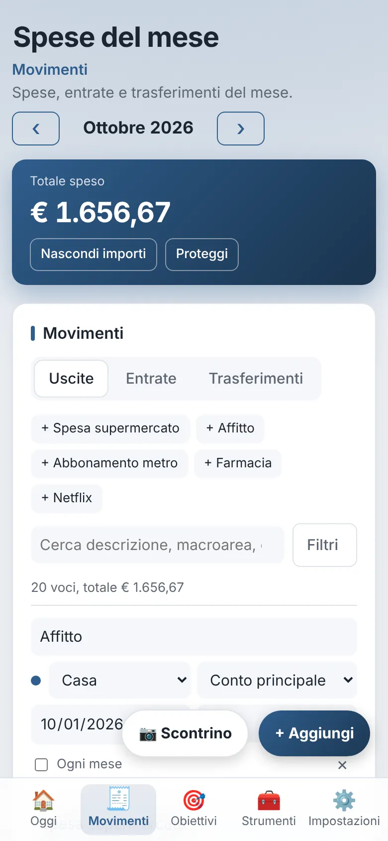 Elenco dei movimenti del mese sul telefono